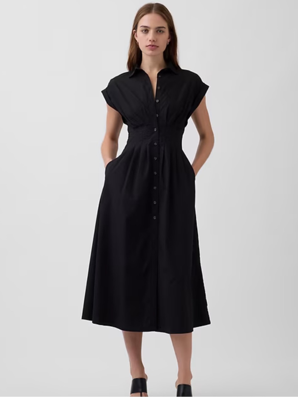 NWT GAP Black Miniamalist Poplin Cinch Waist Cotton Cap Sleeve Button Down Dress